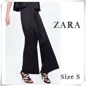 ZARA Satin High Rise Wide Leg Trousers Pants in Black Size S New with Tag